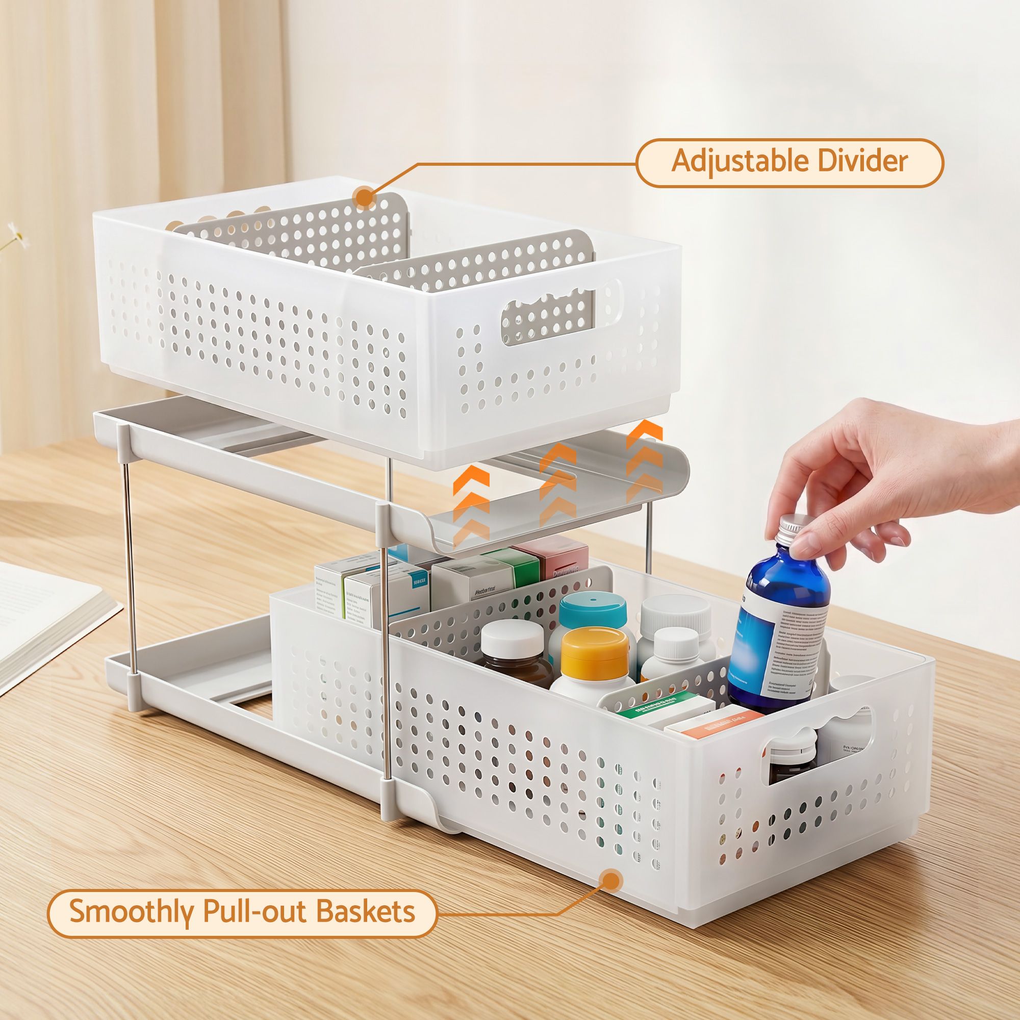 Artiss Under Sink Organizer 2 Tier Pull Out Drawer with Removable Baskets &amp; Divider White