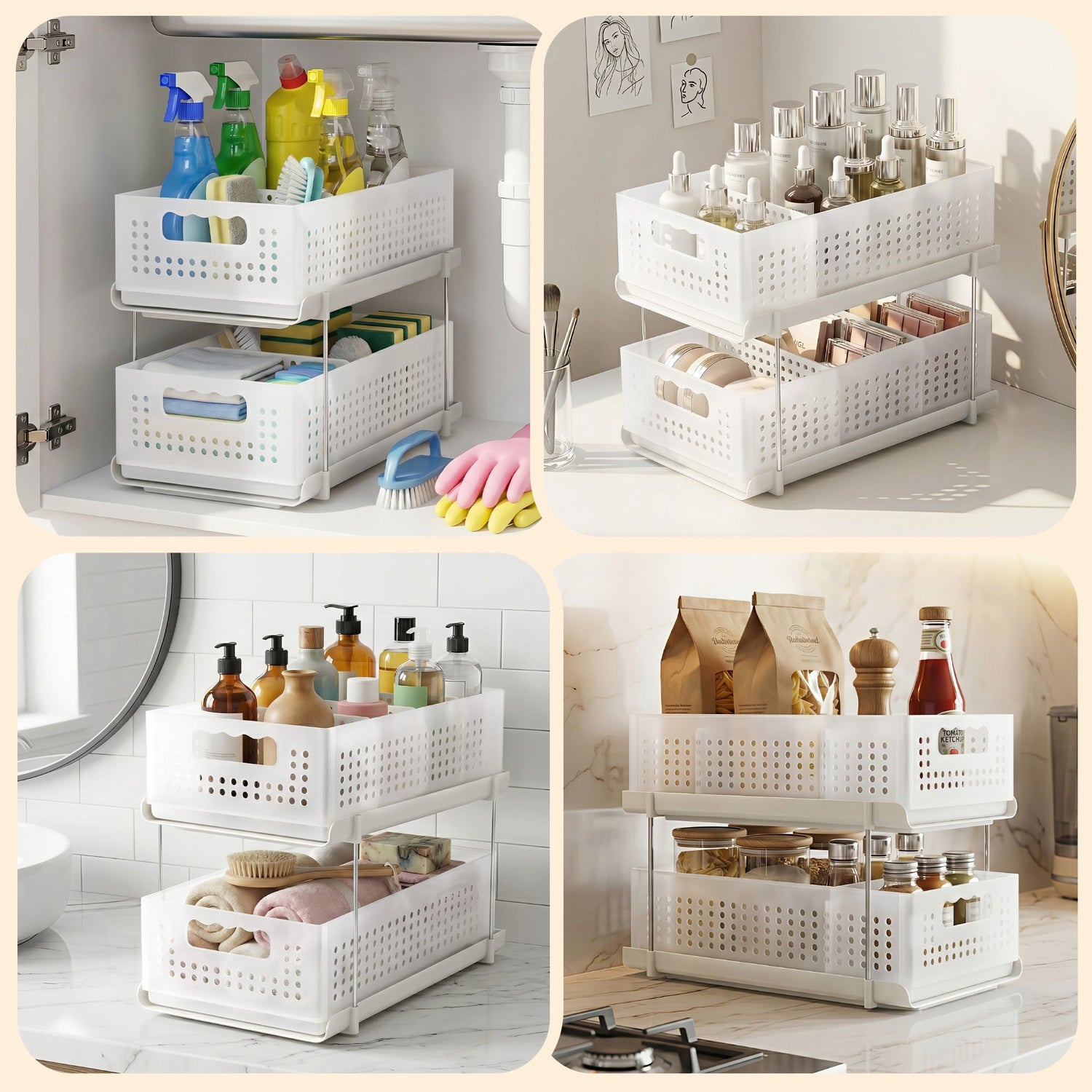Artiss Under Sink Organizer 2 Tier Pull Out Drawer with Removable Baskets &amp; Divider White