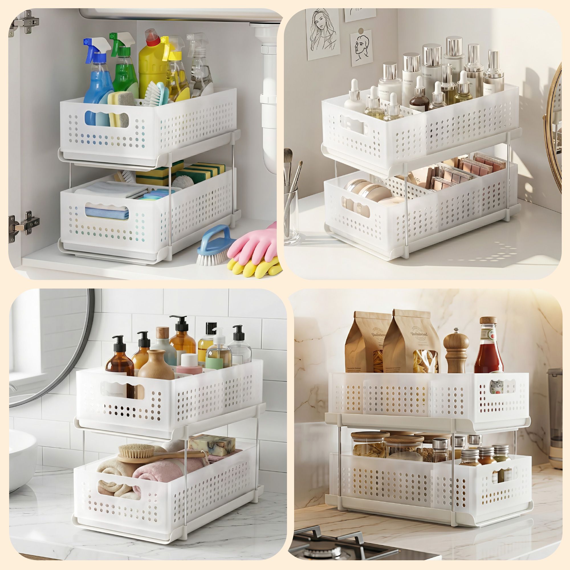 Artiss Under Sink Organizer 2 Tier Pull Out Drawer with Removable Baskets &amp; Divider White
