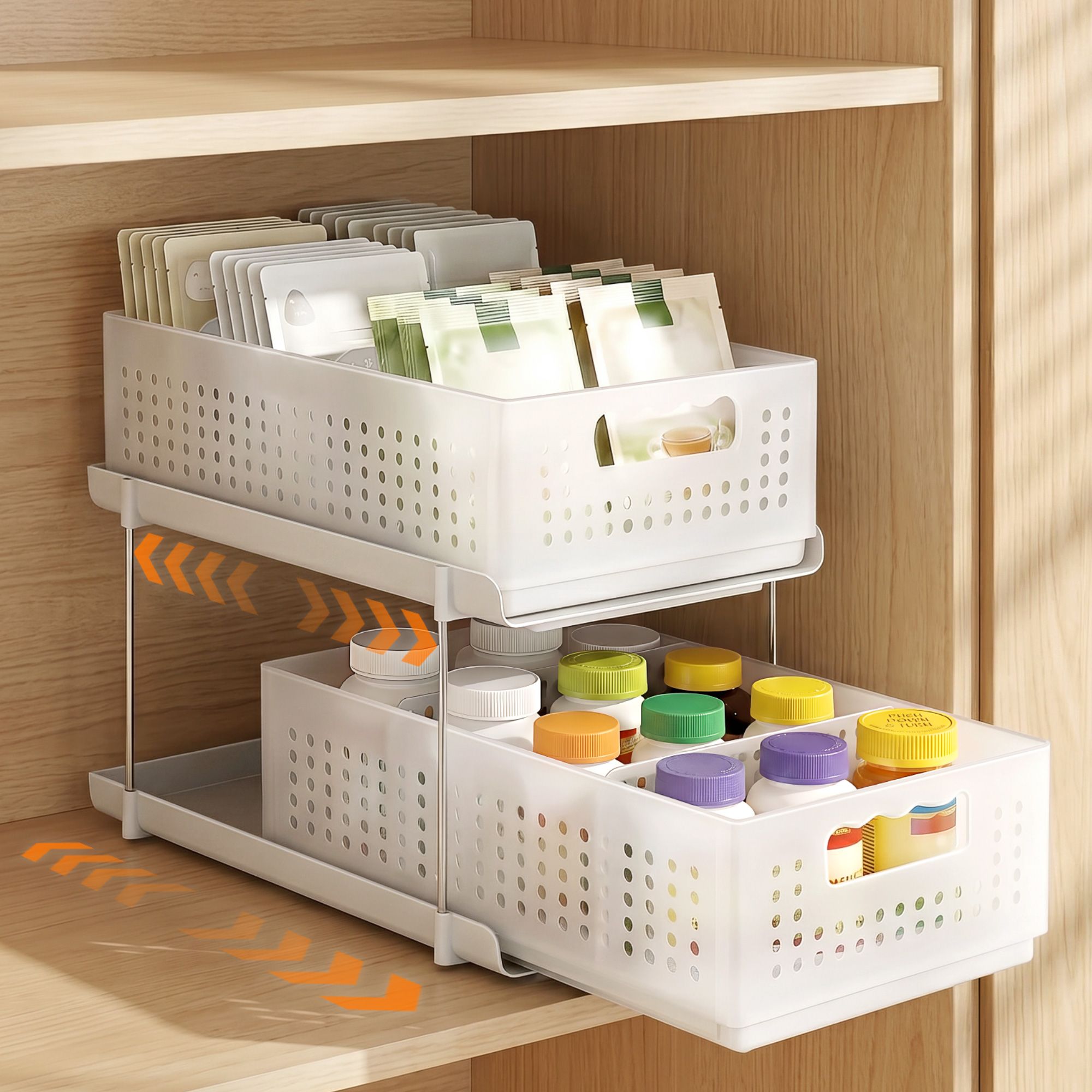 Artiss Under Sink Organizer 2 Tier Pull Out Drawer with Removable Baskets &amp; Divider White