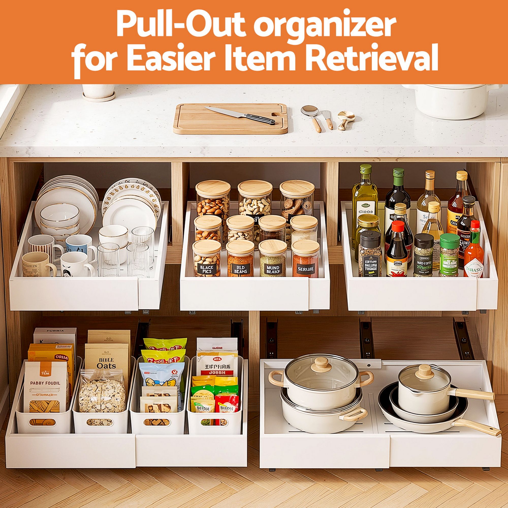 Artiss 2 Pack Pull Out Drawers for Cabinets Expandable Cabinet Organizer White-Furniture > Bathroom > Bathroom Cabinets, Cupboards &amp; Storage-PEROZ Accessories