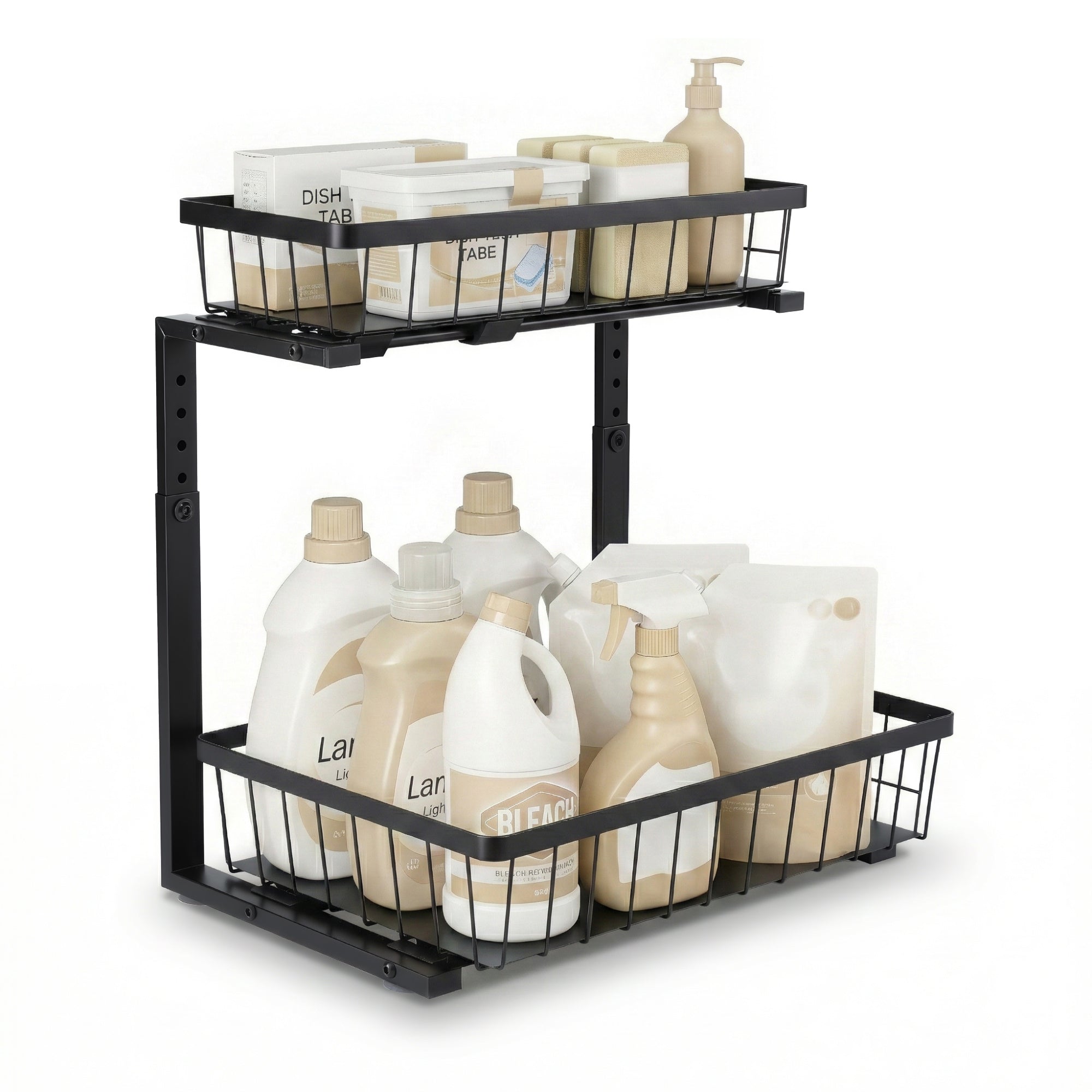 Artiss Under Sink Organizer Storage with 2 Slide Out Drawers 5 Adjustable Height Bathroom Kitchen Cabinet Black-Furniture > Dining > Kitchen &amp; Dining Trolleys-PEROZ Accessories