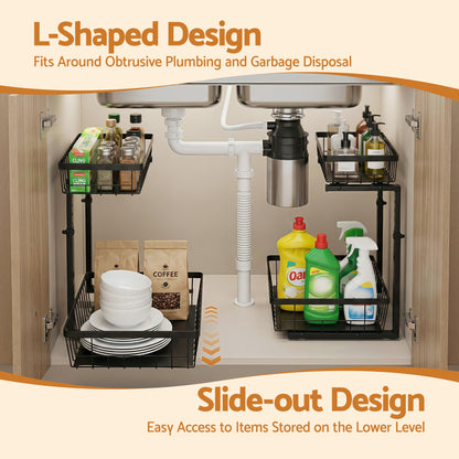 Artiss Under Sink Organizer Storage with 2 Slide Out Drawers 5 Adjustable Height Bathroom Kitchen Cabinet Black-Furniture > Dining > Kitchen &amp; Dining Trolleys-PEROZ Accessories