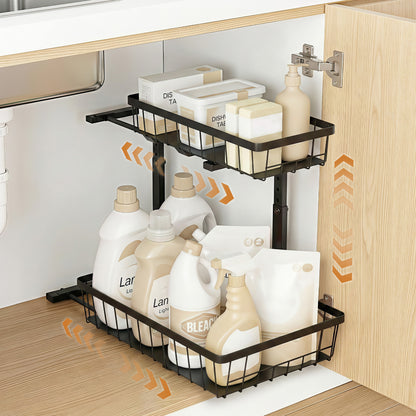 Artiss Under Sink Organizer Storage with 2 Slide Out Drawers 5 Adjustable Height Bathroom Kitchen Cabinet Black-Furniture > Dining > Kitchen &amp; Dining Trolleys-PEROZ Accessories