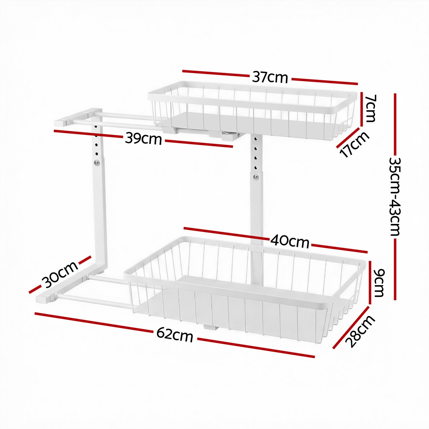 Artiss Under Sink Organizer Storage with 2 Slide Out Drawers 5 Adjustable Height Bathroom Kitchen Cabinet-Furniture > Dining > Kitchen &amp; Dining Trolleys-PEROZ Accessories