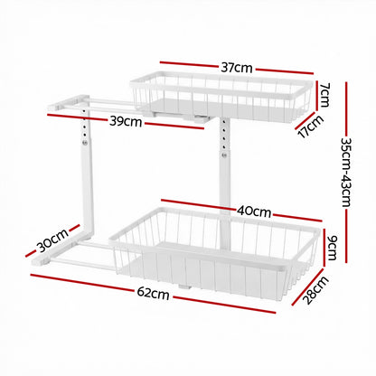 Artiss Under Sink Organizer Storage with 2 Slide Out Drawers 5 Adjustable Height Bathroom Kitchen Cabinet-Furniture > Dining > Kitchen &amp; Dining Trolleys-PEROZ Accessories