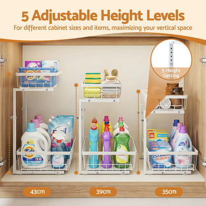 Artiss Under Sink Organizer Storage with 2 Slide Out Drawers 5 Adjustable Height Bathroom Kitchen Cabinet-Furniture > Dining > Kitchen &amp; Dining Trolleys-PEROZ Accessories