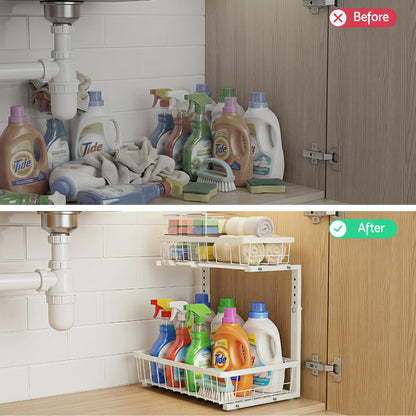 Artiss Under Sink Organizer Storage with 2 Slide Out Drawers 5 Adjustable Height Bathroom Kitchen Cabinet-Furniture > Dining > Kitchen &amp; Dining Trolleys-PEROZ Accessories