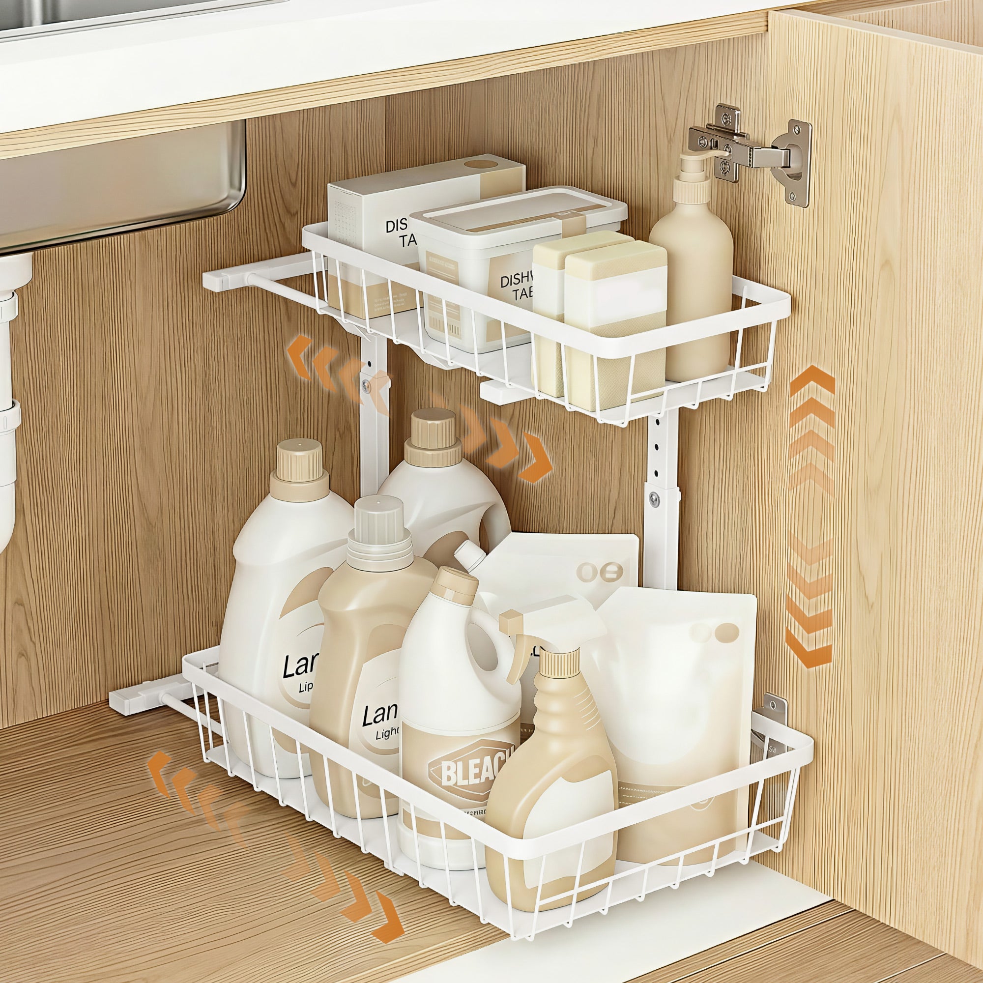 Artiss Under Sink Organizer Storage with 2 Slide Out Drawers 5 Adjustable Height Bathroom Kitchen Cabinet-Furniture > Dining > Kitchen &amp; Dining Trolleys-PEROZ Accessories