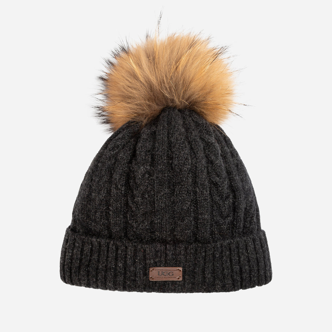 Ugg Cable Knit Pure Cashmere Beanie With Detachable Pom Pom (Raccoon)-PEROZ Accessories