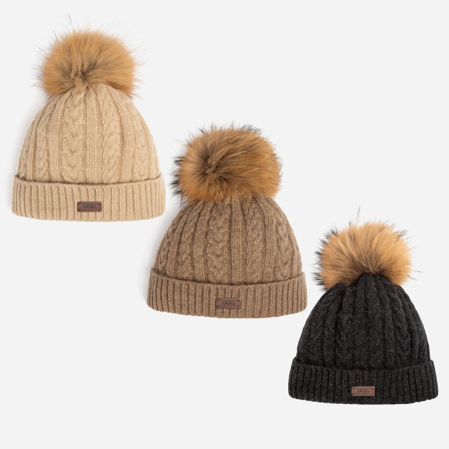 Ugg Cable Knit Pure Cashmere Beanie With Detachable Pom Pom (Raccoon)-PEROZ Accessories