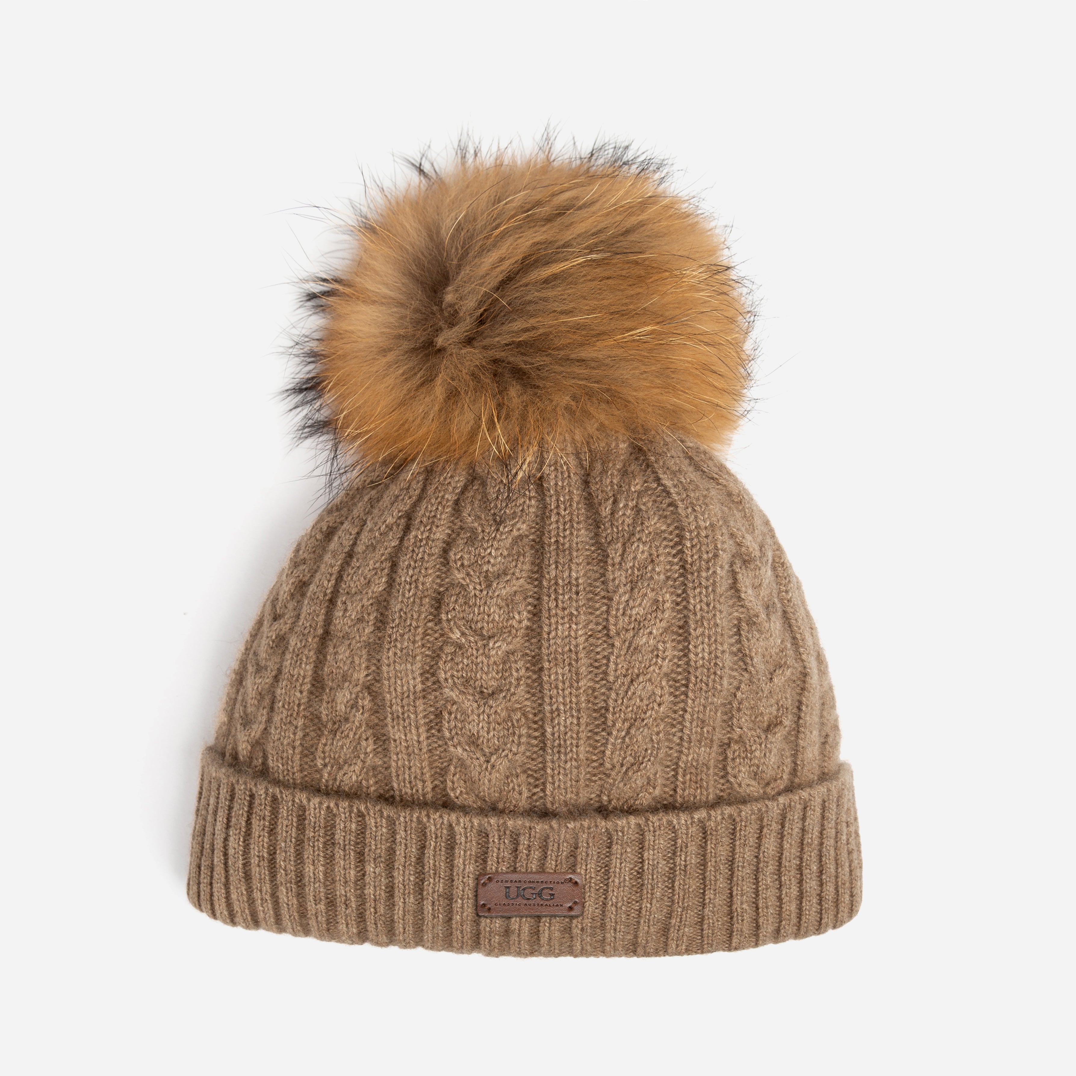 Ugg Cable Knit Pure Cashmere Beanie With Detachable Pom Pom (Raccoon)-PEROZ Accessories