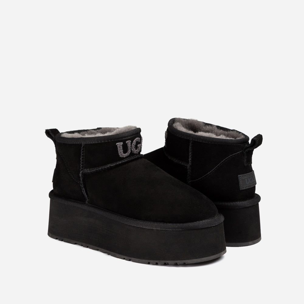Ugg Classic Platform Knit Logo Ultra Mini Boots (Water Resistant) (5cm)-PEROZ Accessories
