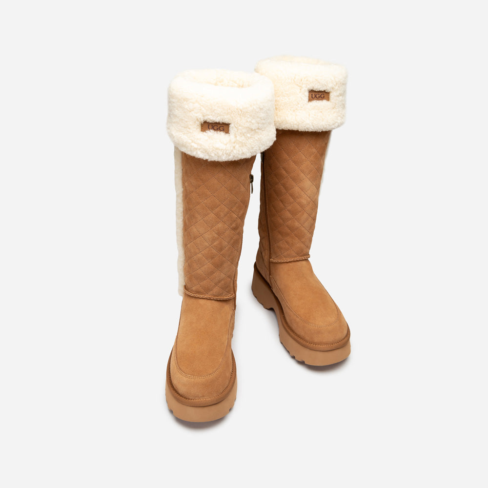 Pair of tan quilted knee-high UGG boots with white fur trim on a light gray background