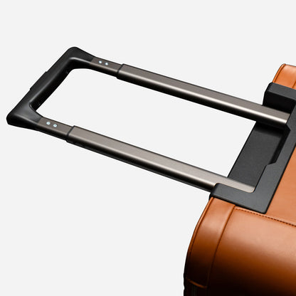 Close-up of a brown suitcase handle on a white background