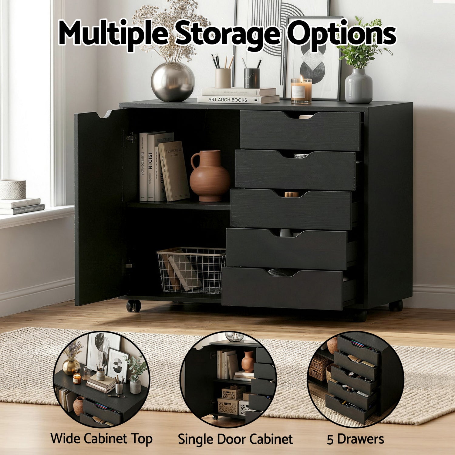 Artiss Mobile Filing Cabinet 5 Drawer with Door Modern Storage Cabinet Printer Stand-Furniture > Office > Storage Cabinets-PEROZ Accessories