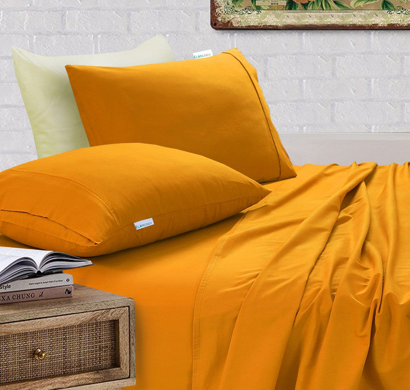 Elan Linen 100% Egyptian Cotton Vintage Washed 500TC Mustard Double Bed Sheets Set-Home &amp; Garden &gt; Bedding &gt; Bed Sheets-PEROZ Accessories