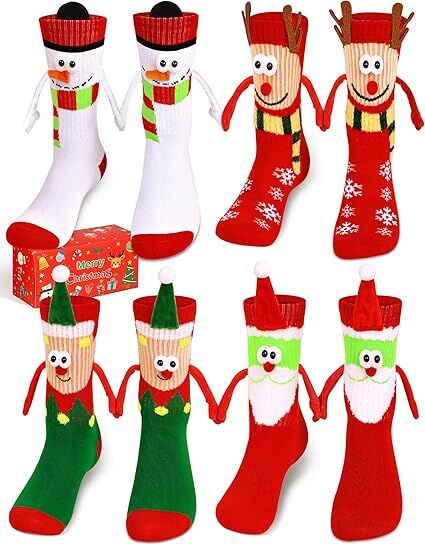 4 Pairs Christmas Socks, Crazy Holiday Hand Holding Socks Funny Christmas Stocking Stuffers-Occasions &gt; Christmas &gt; Christmas Clothing-PEROZ Accessories