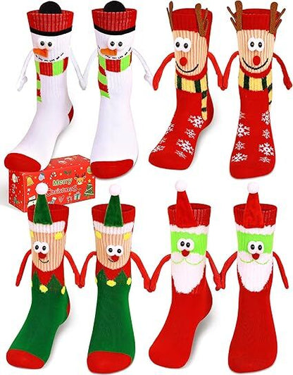 4 Pairs Christmas Socks, Crazy Holiday Hand Holding Socks Funny Christmas Stocking Stuffers-Occasions &gt; Christmas &gt; Christmas Clothing-PEROZ Accessories