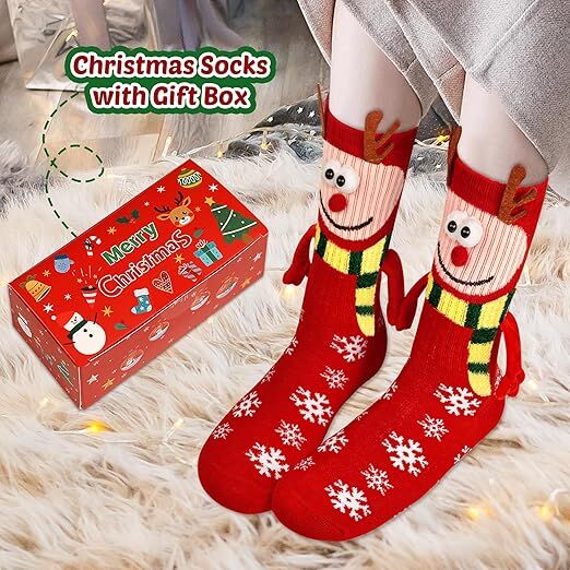 4 Pairs Christmas Socks, Crazy Holiday Hand Holding Socks Funny Christmas Stocking Stuffers-Occasions &gt; Christmas &gt; Christmas Clothing-PEROZ Accessories