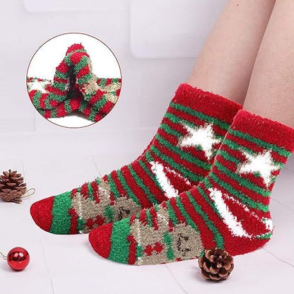 Christmas Socks - 6 Pairs Cozy Warm Fluffy Plush Bed Socks for Women, Girls - Cute Coral Fleece Xmas Indoor-Occasions &gt; Christmas &gt; Christmas Clothing-PEROZ Accessories
