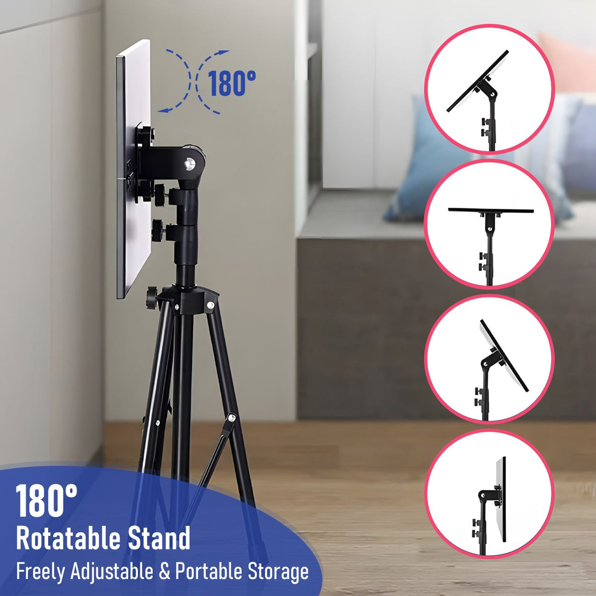 Adjustable Projector Stand with 360° Phone Holder, 57–125cm Folding Tripod Floor Stand for Laptop, Tablet &amp; Projector-Audio &amp; Video > Projectors &amp; Accessories > Screens &amp; Stands-PEROZ Accessories