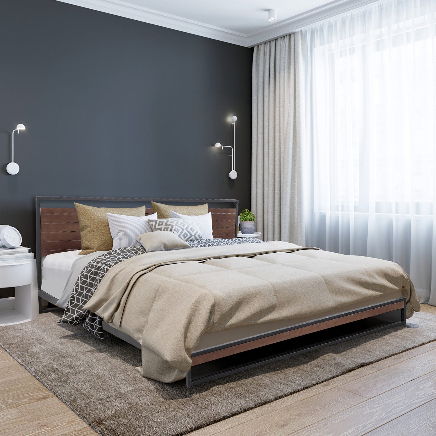 Milano Decor Azure Bed Frame With Headboard Black Wood Steel Platform Bed - Single - Black-Furniture &gt; Bedroom &gt; Beds &amp; Bed Frames-PEROZ Accessories