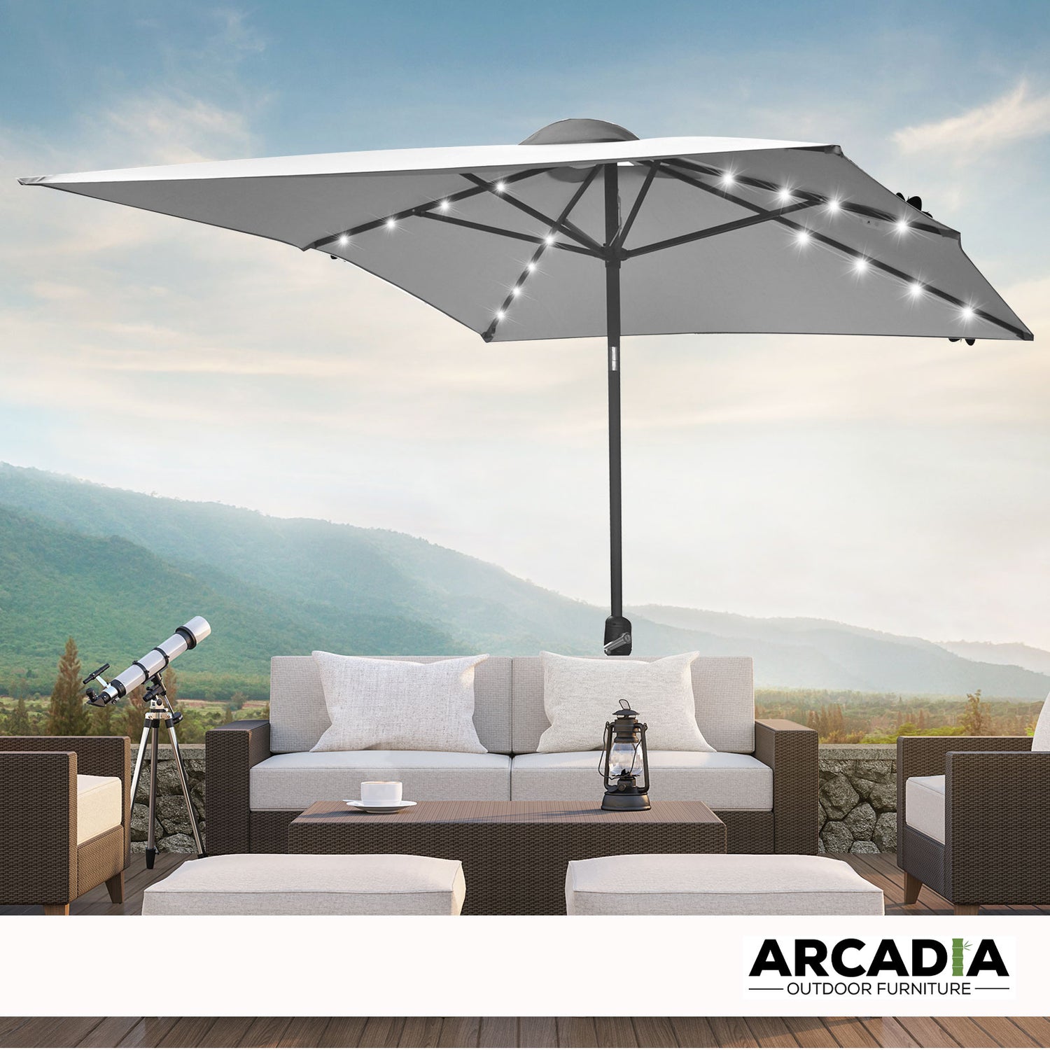 Arcadia Furniture Umbrella 3 Metre Umbrella with Solar LED Lights Garden Yard - Grey-Home &amp; Garden &gt; Shading &gt; Canopies &amp; Gazebos-PEROZ Accessories