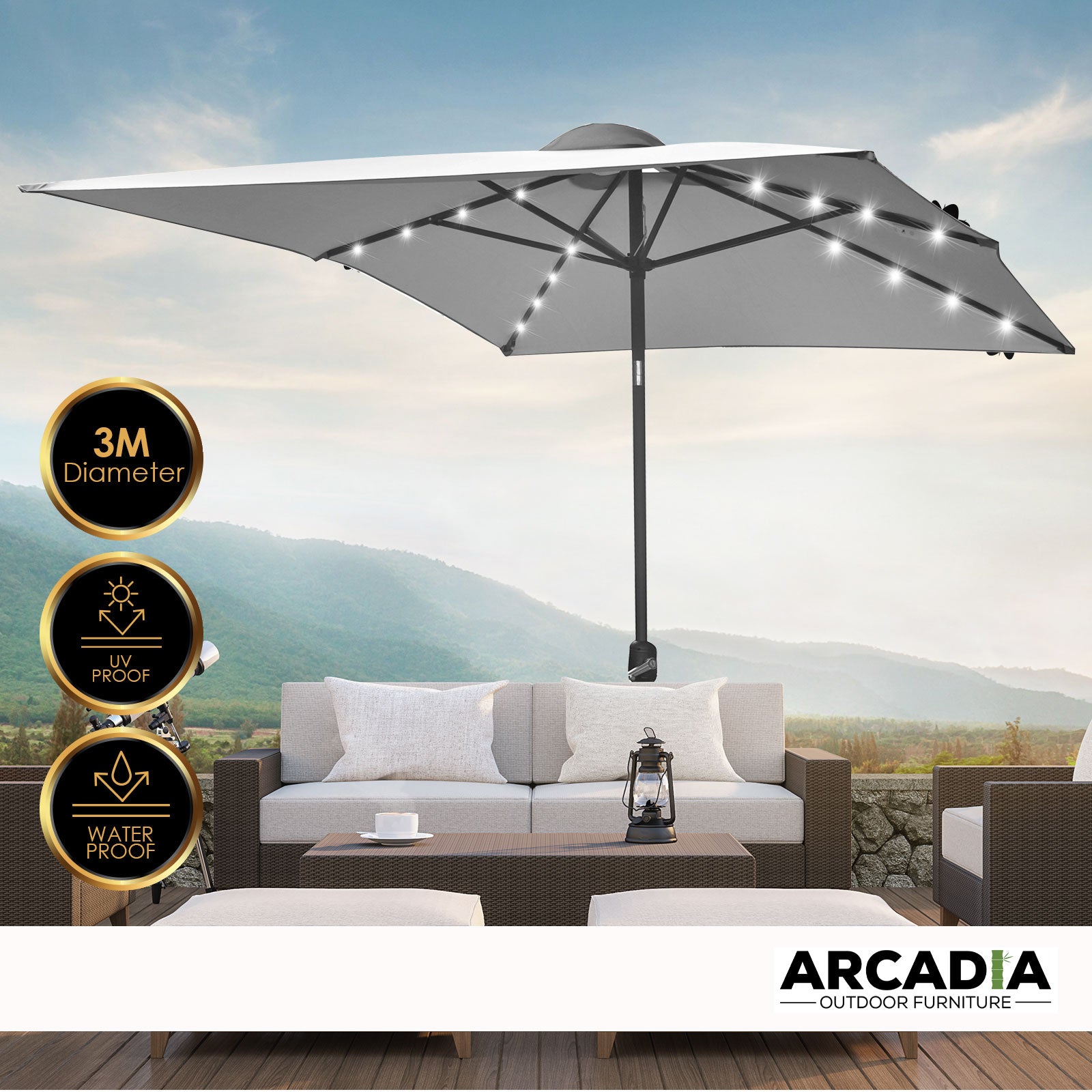 Arcadia Furniture Umbrella 3 Metre Umbrella with Solar LED Lights Garden Yard - Grey-Home &amp; Garden &gt; Shading &gt; Canopies &amp; Gazebos-PEROZ Accessories