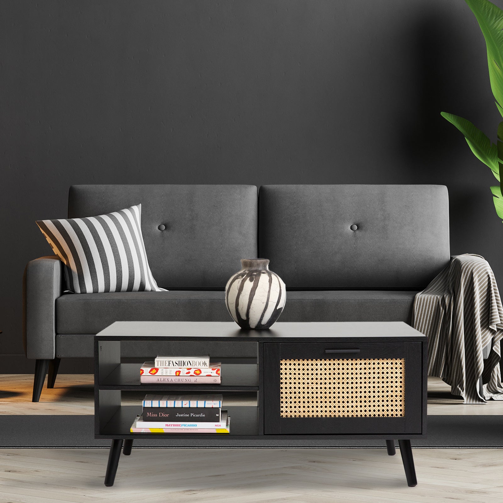 Casa Decor Tulum Rattan Coffee Table Storage Drawer Furniture Wooden Black-Baby &amp; Kids > Baby &amp; Kid&