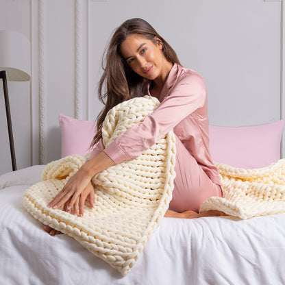 Royal Comfort Chunky Hand Knit Thick Weighted Blanket 6.3KG 203cm x 153cm - Cream-Home &amp; Garden &gt; Bedding-PEROZ Accessories