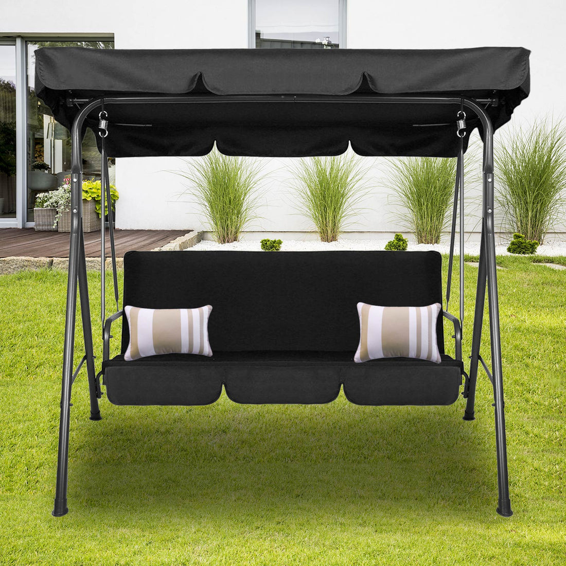 Milano Outdoor Swing Bench Seat Chair Canopy Furniture 3 Seater Garden Hammock - Black-Furniture &gt; Outdoor &gt; Outdoor Chairs-PEROZ Accessories