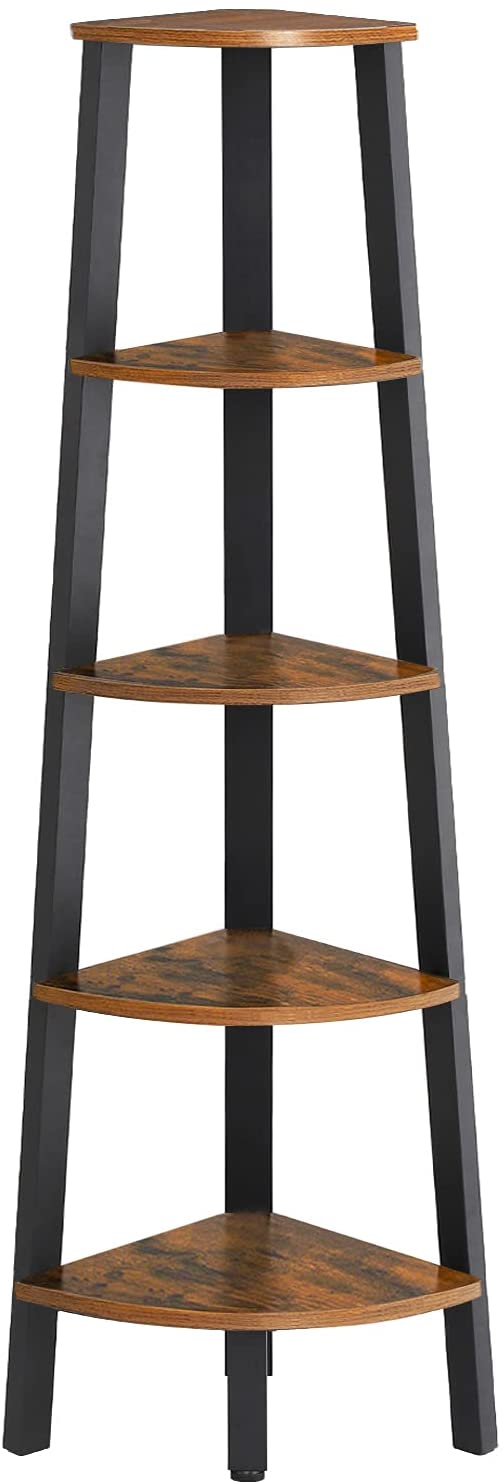 Rustic Brown Metal Frame 5 Tier Corner Shelf-Bookcases &amp; Shelves-PEROZ Accessories