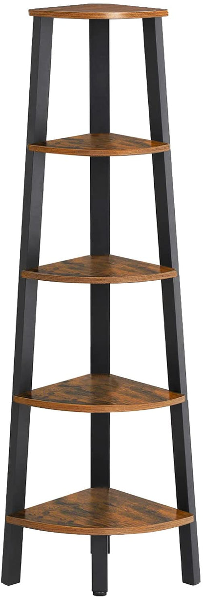 Rustic Brown Metal Frame 5 Tier Corner Shelf-Bookcases &amp; Shelves-PEROZ Accessories