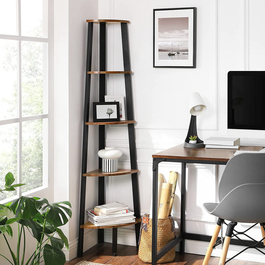 Rustic Brown Metal Frame 5 Tier Corner Shelf-Bookcases &amp; Shelves-PEROZ Accessories