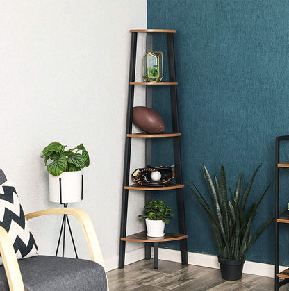 Rustic Brown Metal Frame 5 Tier Corner Shelf-Bookcases &amp; Shelves-PEROZ Accessories