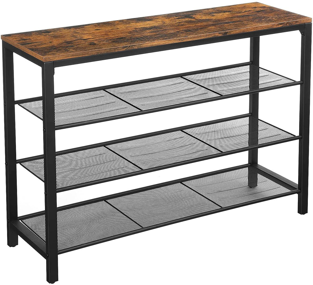 Shoe Rack with 3 Mesh Shelves Rustic Brown and Black-Shoe Storage Cabinets-PEROZ Accessories