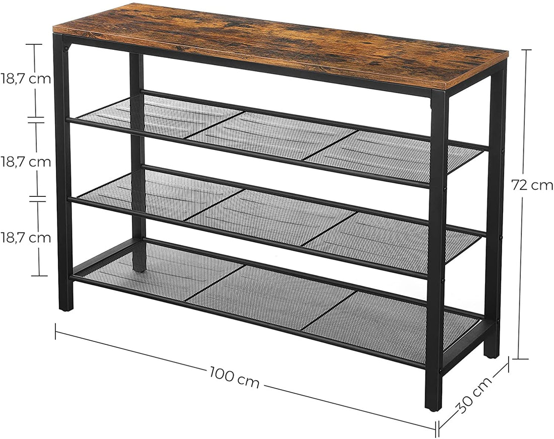 Shoe Rack with 3 Mesh Shelves Rustic Brown and Black-Shoe Storage Cabinets-PEROZ Accessories