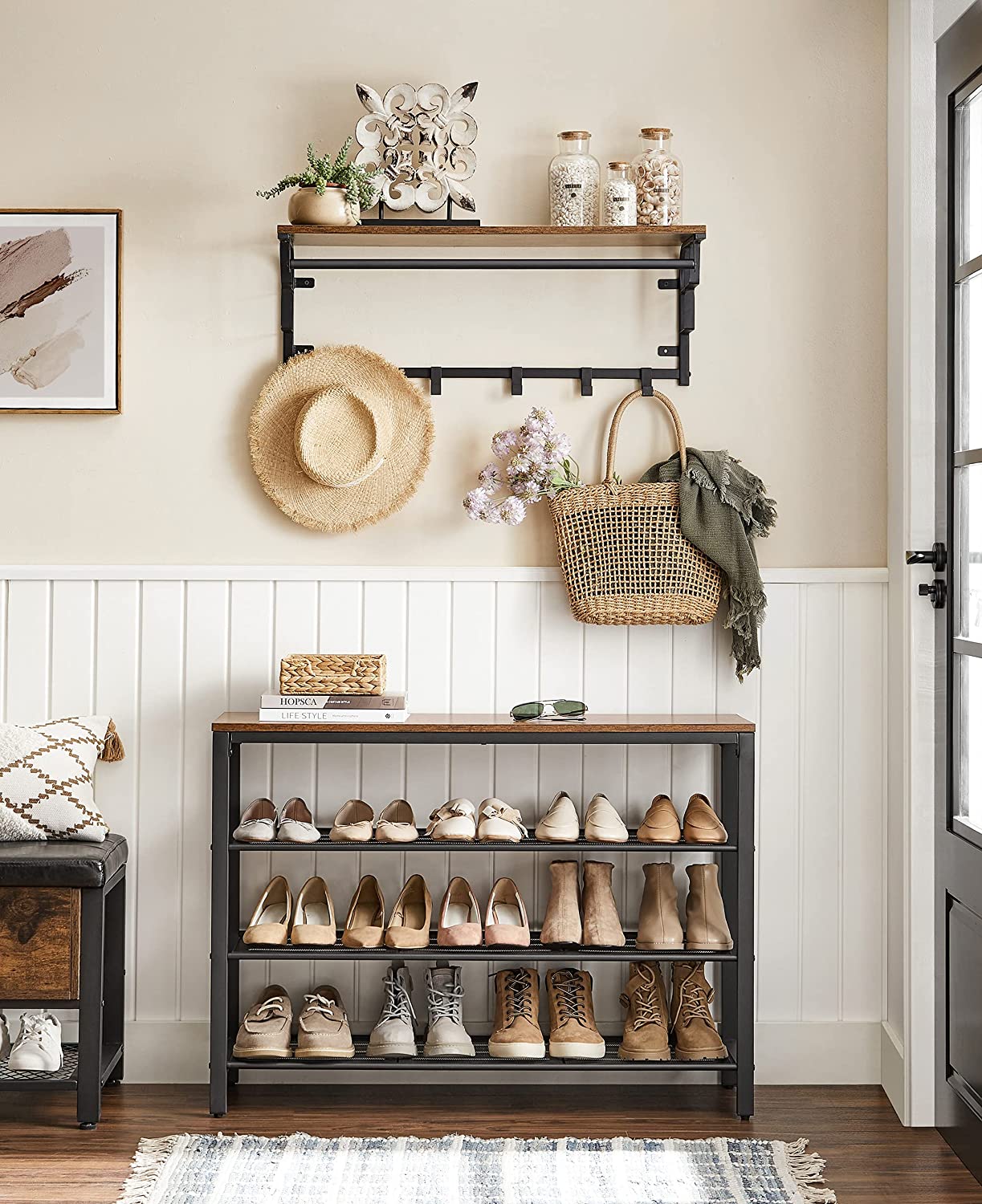 Shoe Rack with 3 Mesh Shelves Rustic Brown and Black-Shoe Storage Cabinets-PEROZ Accessories