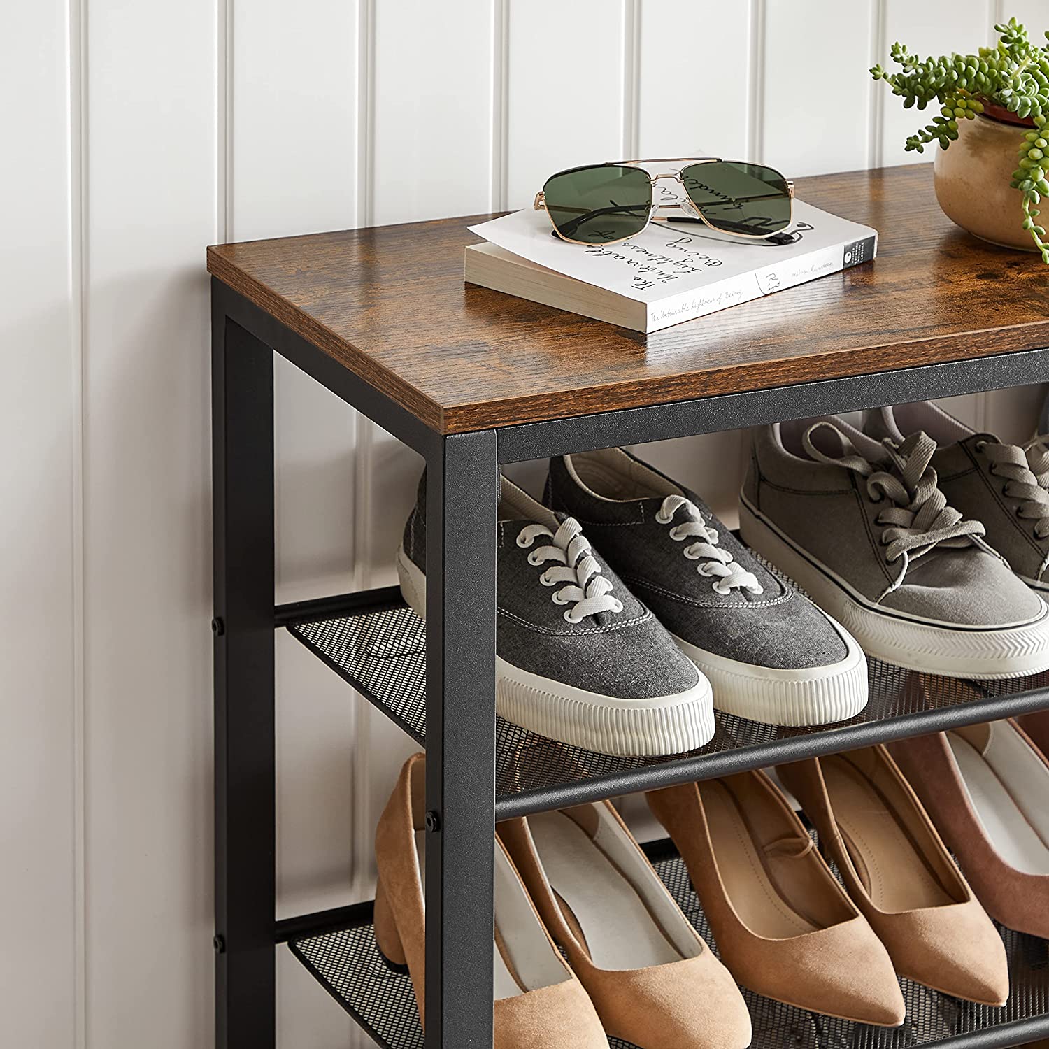 Shoe Rack with 3 Mesh Shelves Rustic Brown and Black-Shoe Storage Cabinets-PEROZ Accessories