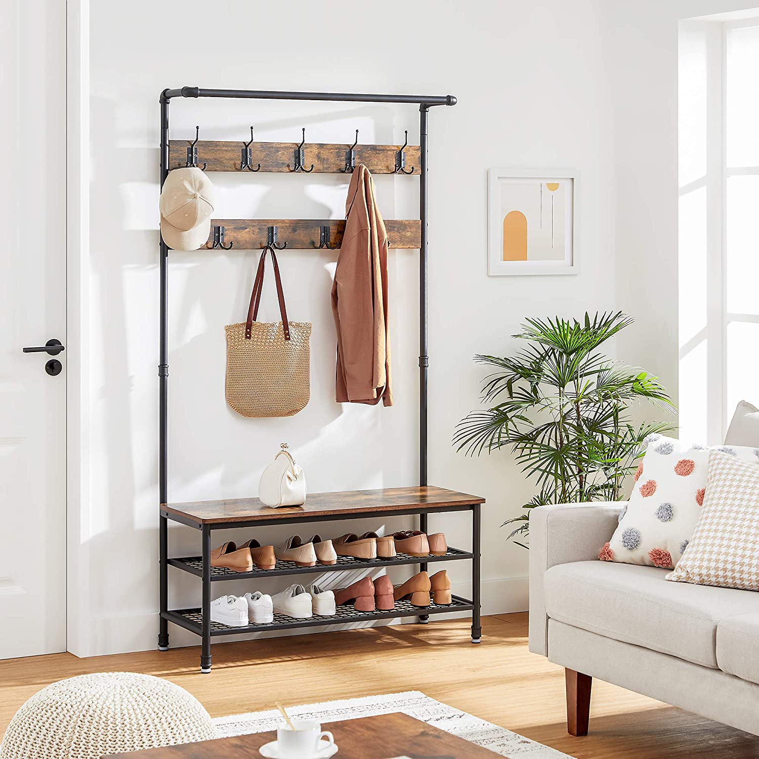 Coat Rack Stand with 9 Hooks and Shoe Rack with Industrial Style Sturdy Steel Frame-Furniture &gt; Living Room &gt; Coat Racks-PEROZ Accessories