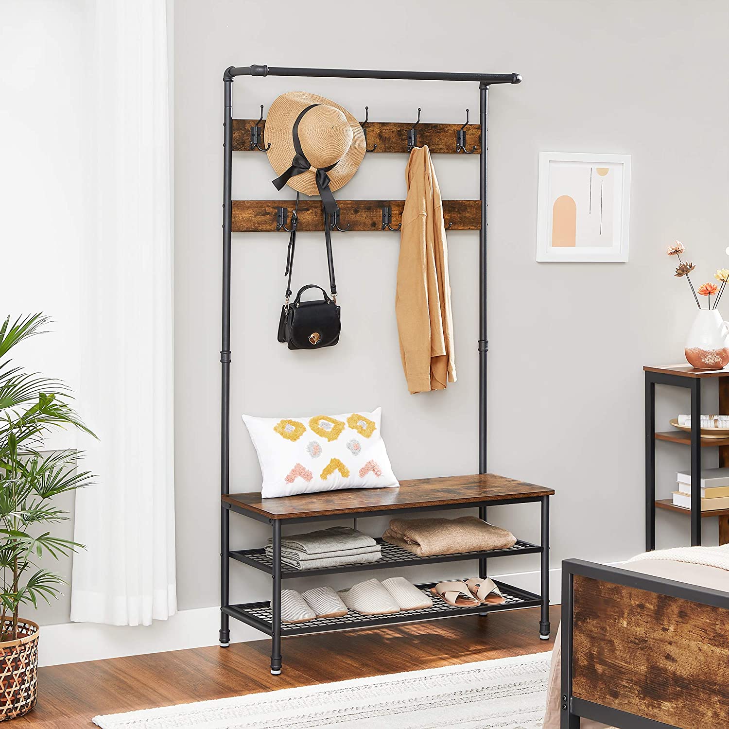 Coat Rack Stand with 9 Hooks and Shoe Rack with Industrial Style Sturdy Steel Frame-Furniture &gt; Living Room &gt; Coat Racks-PEROZ Accessories