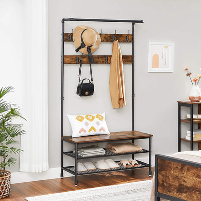 Coat Rack Stand with 9 Hooks and Shoe Rack with Industrial Style Sturdy Steel Frame-Furniture &gt; Living Room &gt; Coat Racks-PEROZ Accessories