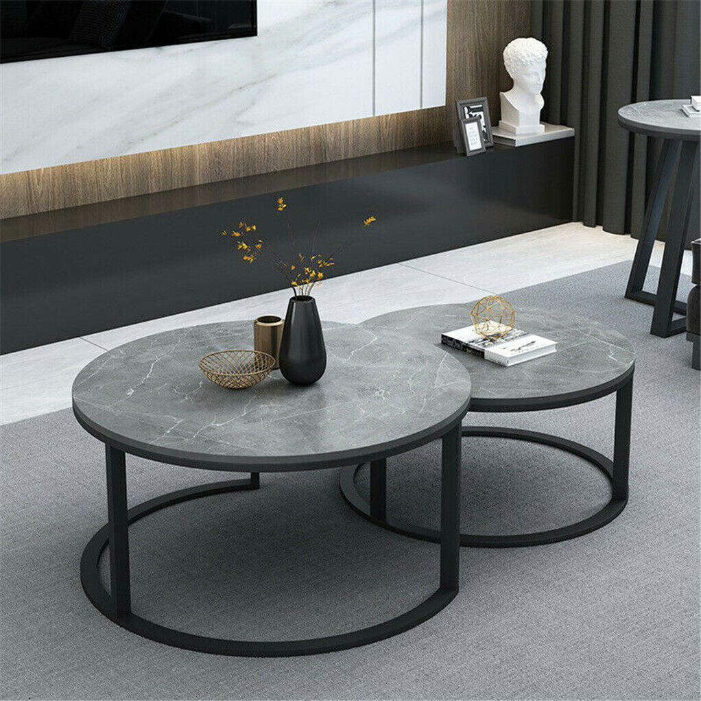 Set of 2 Grey Marble Nesting Coffee Tables 60/80cm-Furniture > Living Room > Coffee Tables-PEROZ Accessories