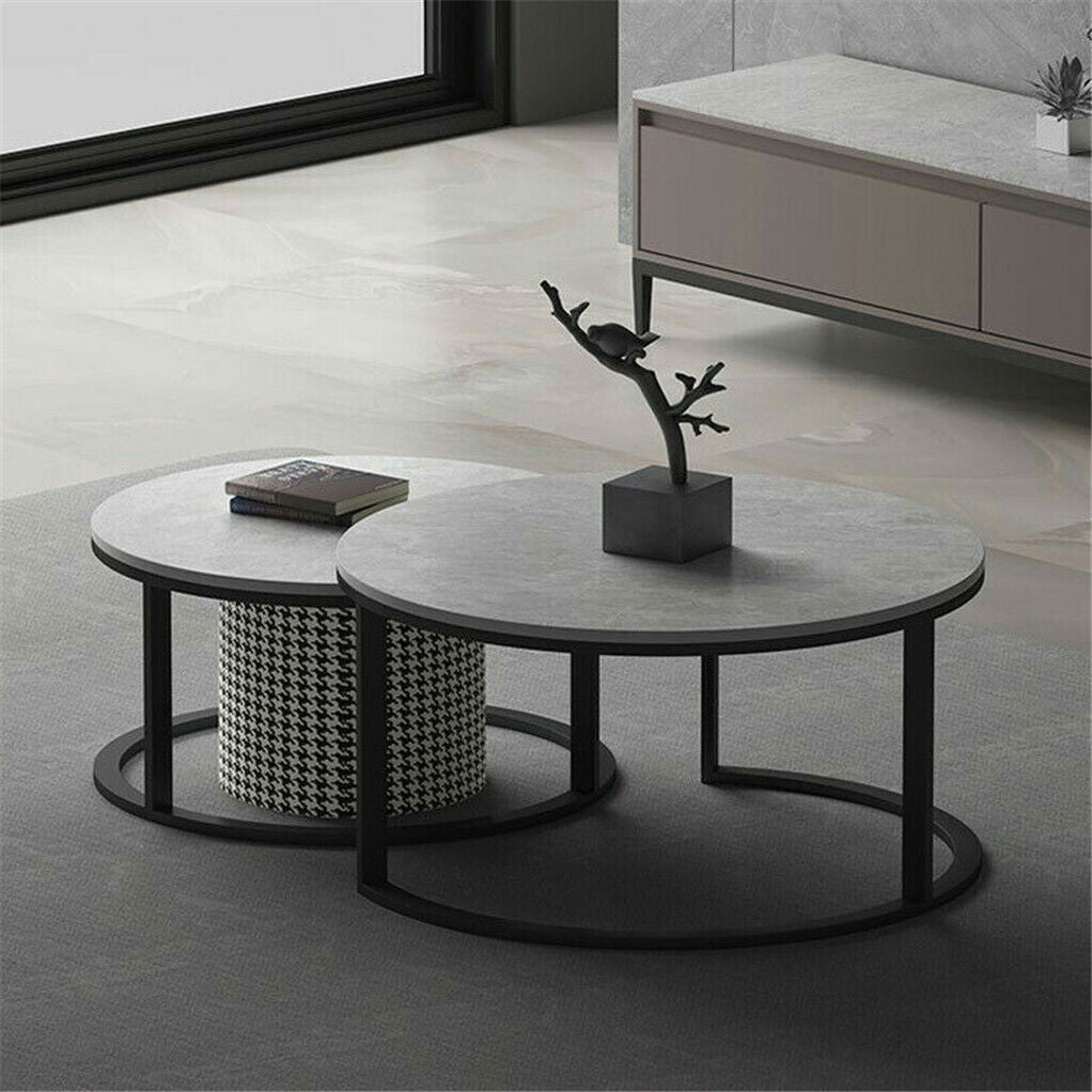 Set of 2 Grey Marble Nesting Coffee Tables 60/80cm-Furniture > Living Room > Coffee Tables-PEROZ Accessories