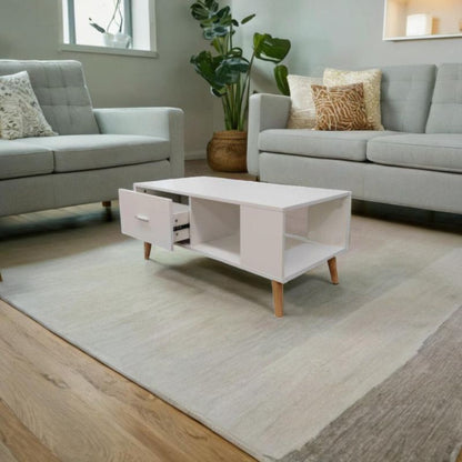 White Coffee Table Storage Drawer &amp; Open Shelf With Wooden Legs-Furniture &gt; Living Room-PEROZ Accessories