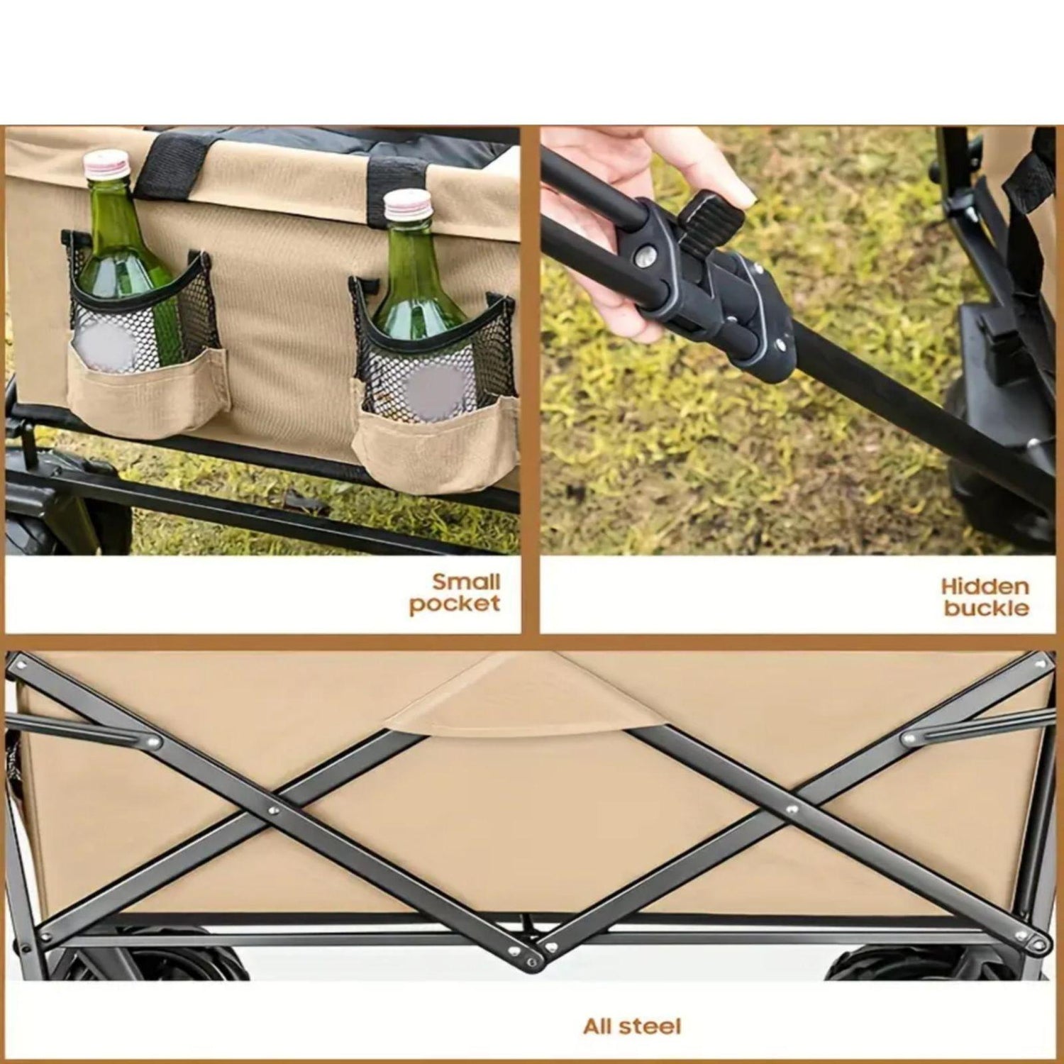 1PC Foldable Shopping Cart ( Khaki ), Heavy Duty Collapsible Wagon with All-Terrain 10cm Wheels, Load 150kg, Portable 160 Liter Large Capacity Beach Wagon, Camping, Garden, Beach Day, Picnics, Shopping, Outdoor Grocery Cart with Adjustable Handle-Pet Care &gt; Cat Supplies &gt; Cat Carriers &amp; Crates-PEROZ Accessories