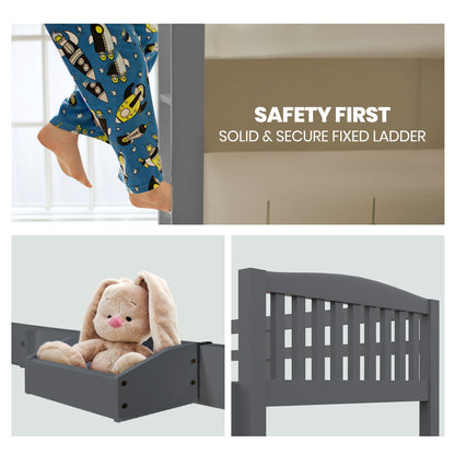 Kingston Slumber Single Bunk Bed Frame Solid Pine Wood Timber, Modular Design, Grey-Furniture &gt; Bedroom &gt; Beds &amp; Bed Frames-PEROZ Accessories