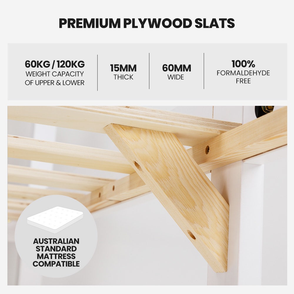Kingston Slumber Wooden Kids Bunk Bed Frame, with Modular Design that can convert to 2 Single, White-Furniture &gt; Bedroom-PEROZ Accessories
