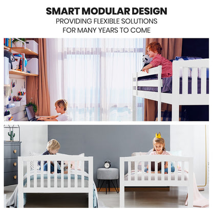 Kingston Slumber Wooden Kids Bunk Bed Frame, with Modular Design that can convert to 2 Single, White-Furniture &gt; Bedroom-PEROZ Accessories